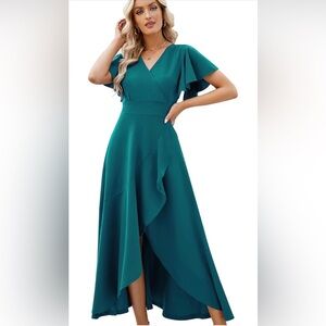 Long Black Formal Gowns Party Cocktail Elegant VNeck Wrap Ruffle Guest Dress